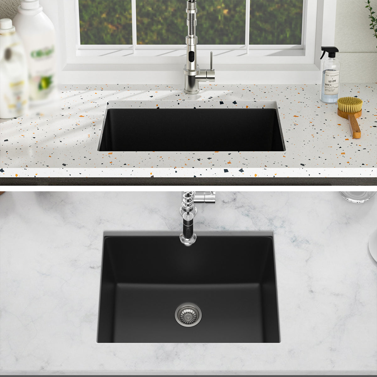 24 in. x 18 in. Black Quartz Composite Undermount Laundry Utility Sink, 12 in. Deep Single Bowl with Rear Drain