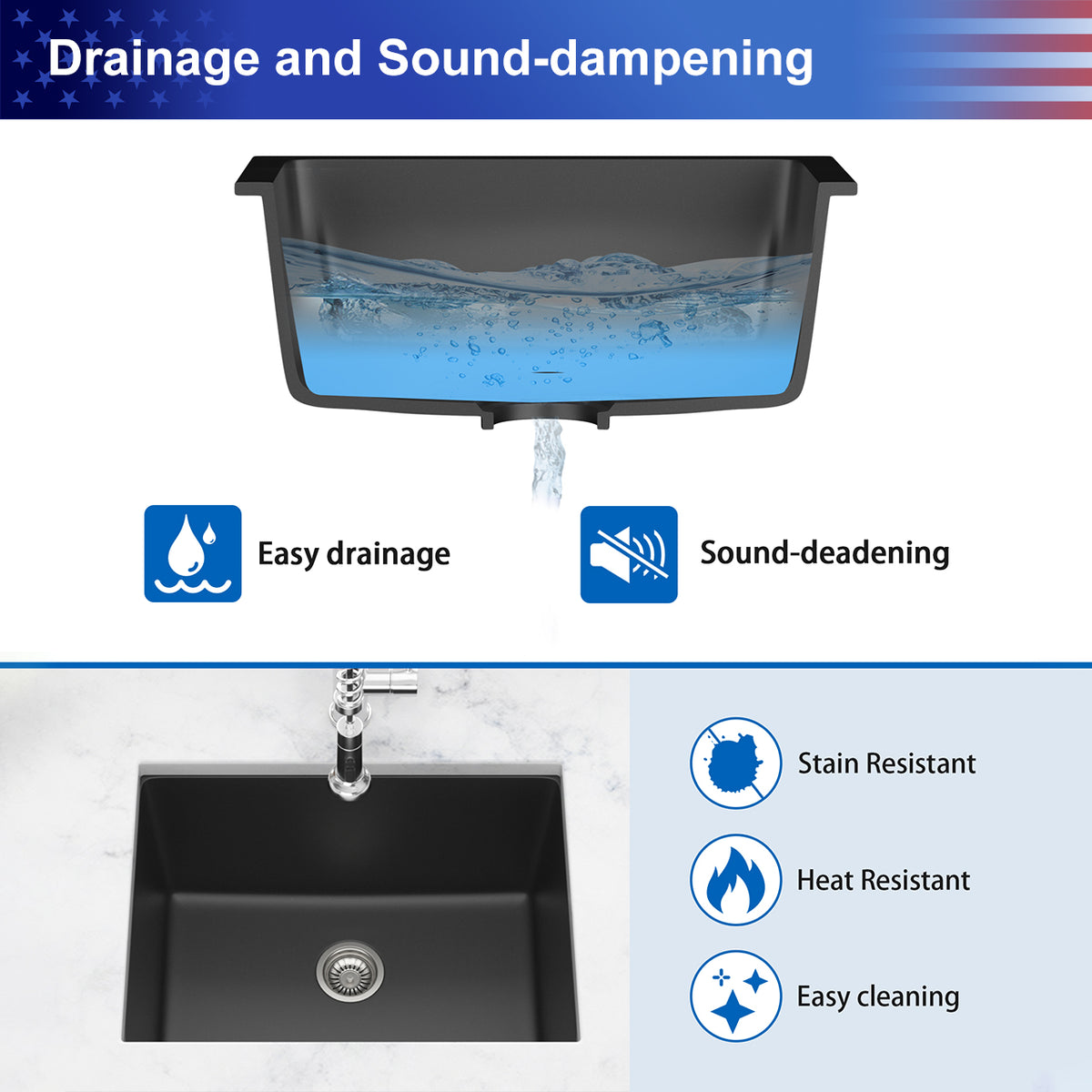 24 in. x 18 in. Black Quartz Composite Undermount Laundry Utility Sink, 12 in. Deep Single Bowl with Rear Drain