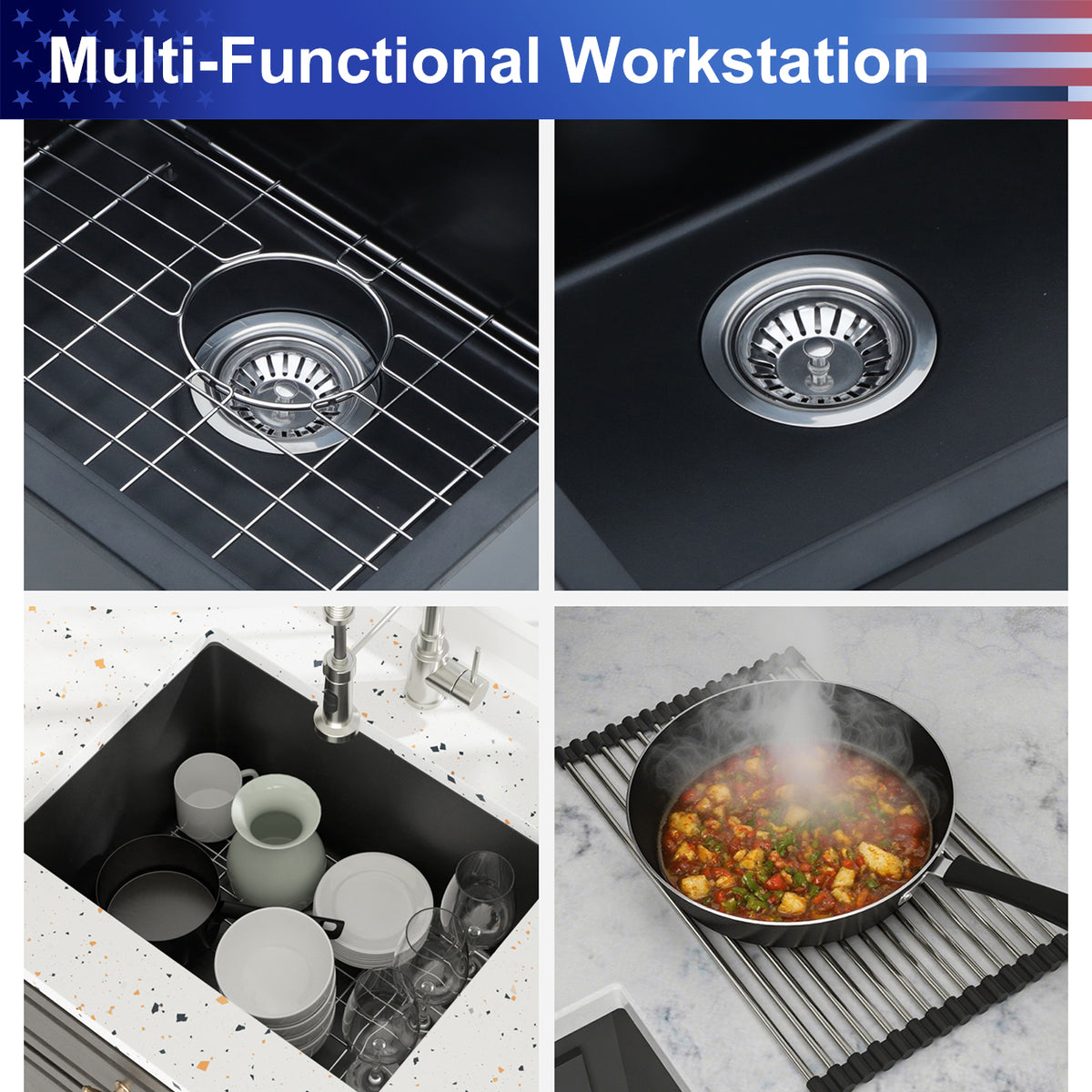 24 in. x 18 in. Black Quartz Composite Undermount Laundry Utility Sink, 12 in. Deep Single Bowl with Rear Drain