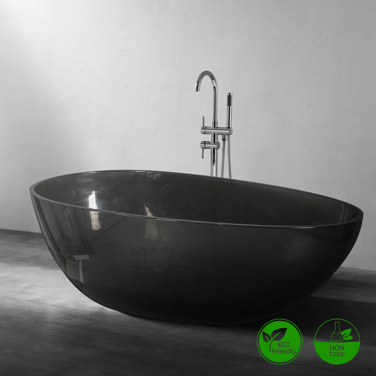 RAINLEX 67 in. Egg-Shaped Solid Surface Freestanding Soaking Bathtub in Translucent Black