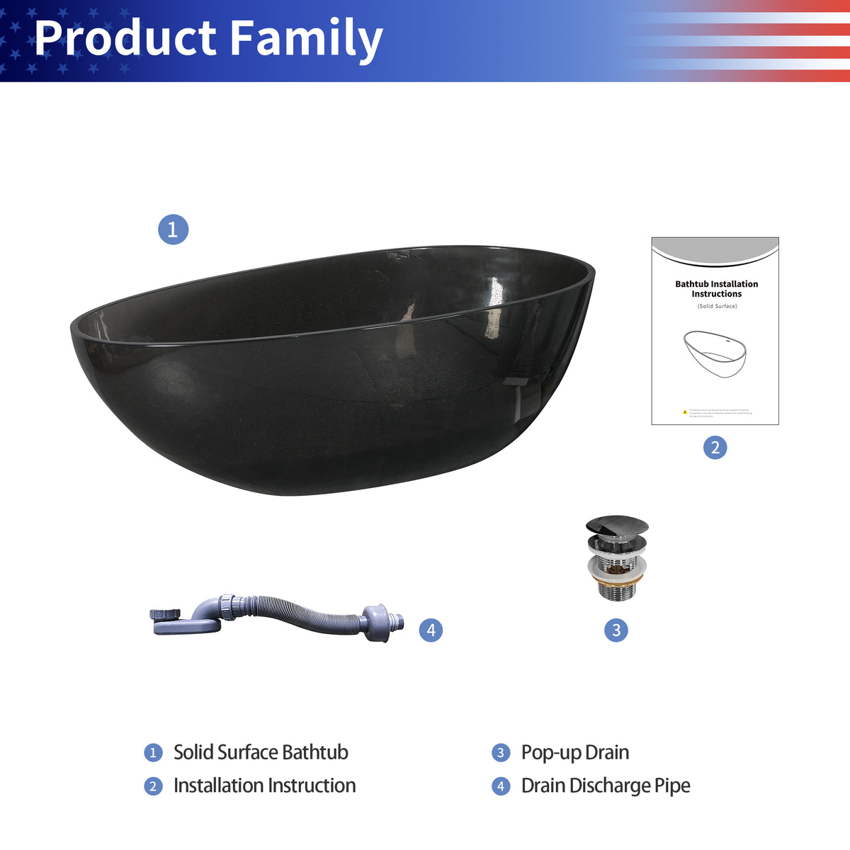 RAINLEX 67 in. Egg-Shaped Solid Surface Freestanding Soaking Bathtub in Translucent Black