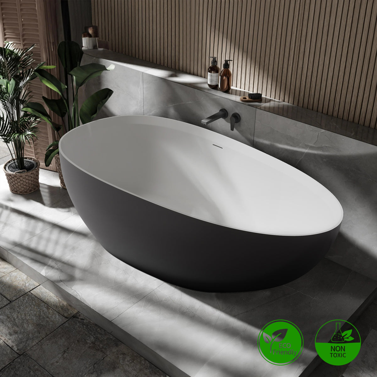 RAINLEX 71 in. Egg-Shaped Solid Surface Freestanding Soaking Bathtub in Black & White