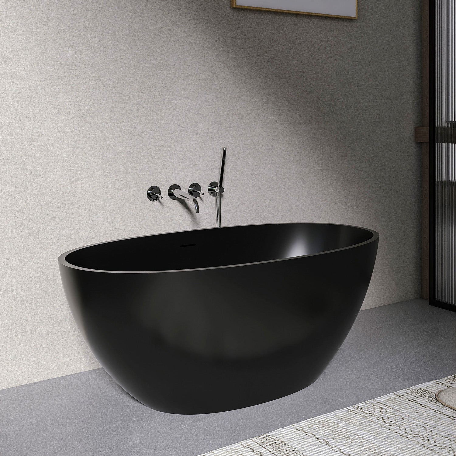 55 in. Oval Solid Surface Freestanding Bathtub, One-Piece Soaking Tub with Center Drain for Small to Medium Bathrooms