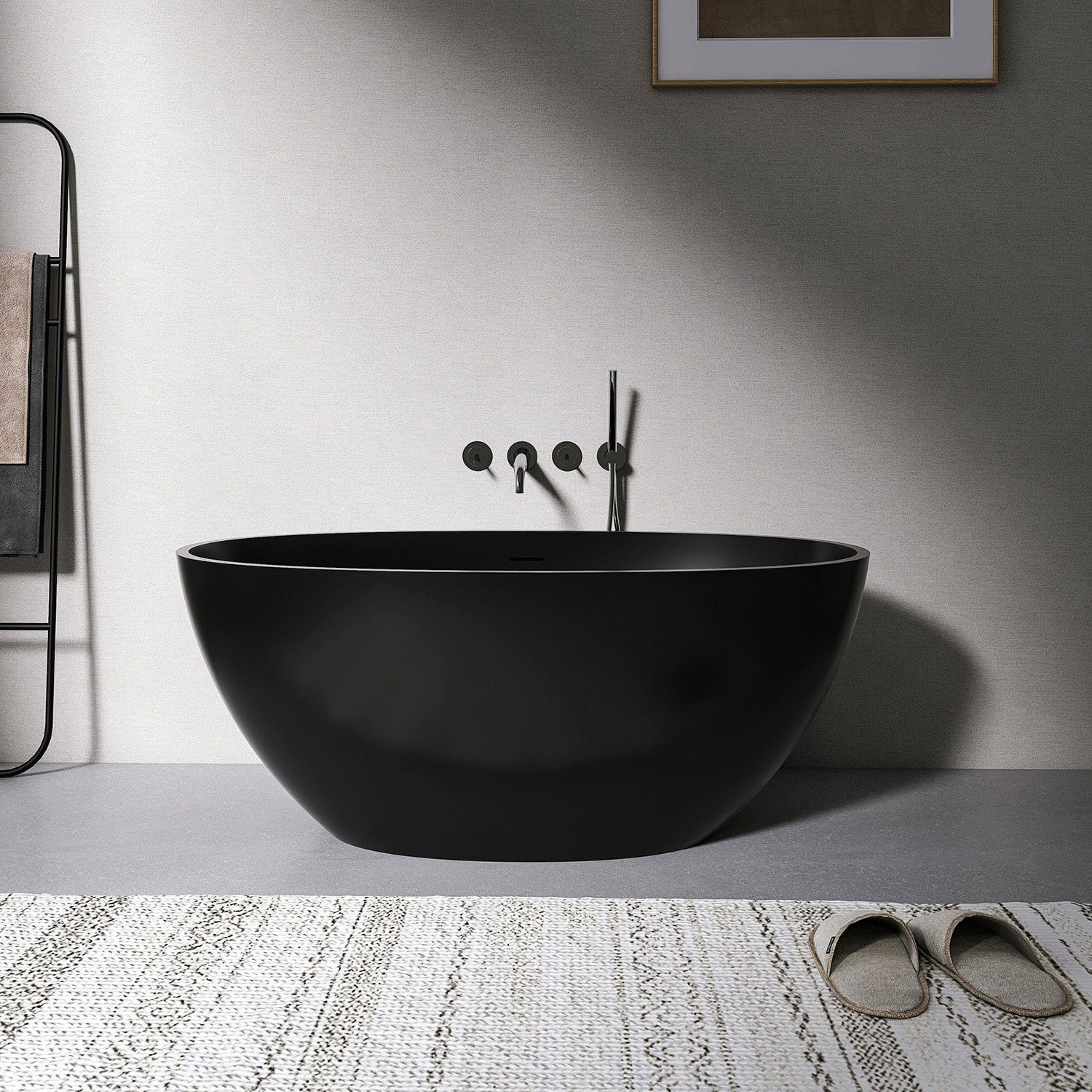55 in. Oval Solid Surface Freestanding Bathtub, One-Piece Soaking Tub with Center Drain for Small to Medium Bathrooms