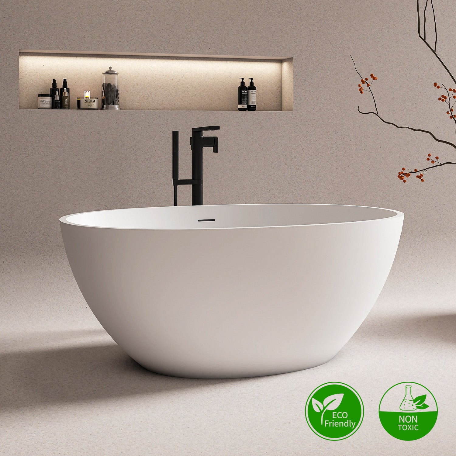 55 in. Oval Solid Surface Freestanding Bathtub, One-Piece Soaking Tub with Center Drain for Small to Medium Bathrooms