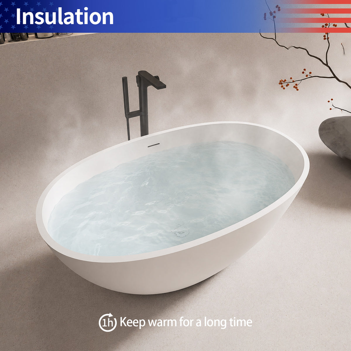 55 in. Oval Solid Surface Freestanding Bathtub, One-Piece Soaking Tub with Center Drain for Small to Medium Bathrooms