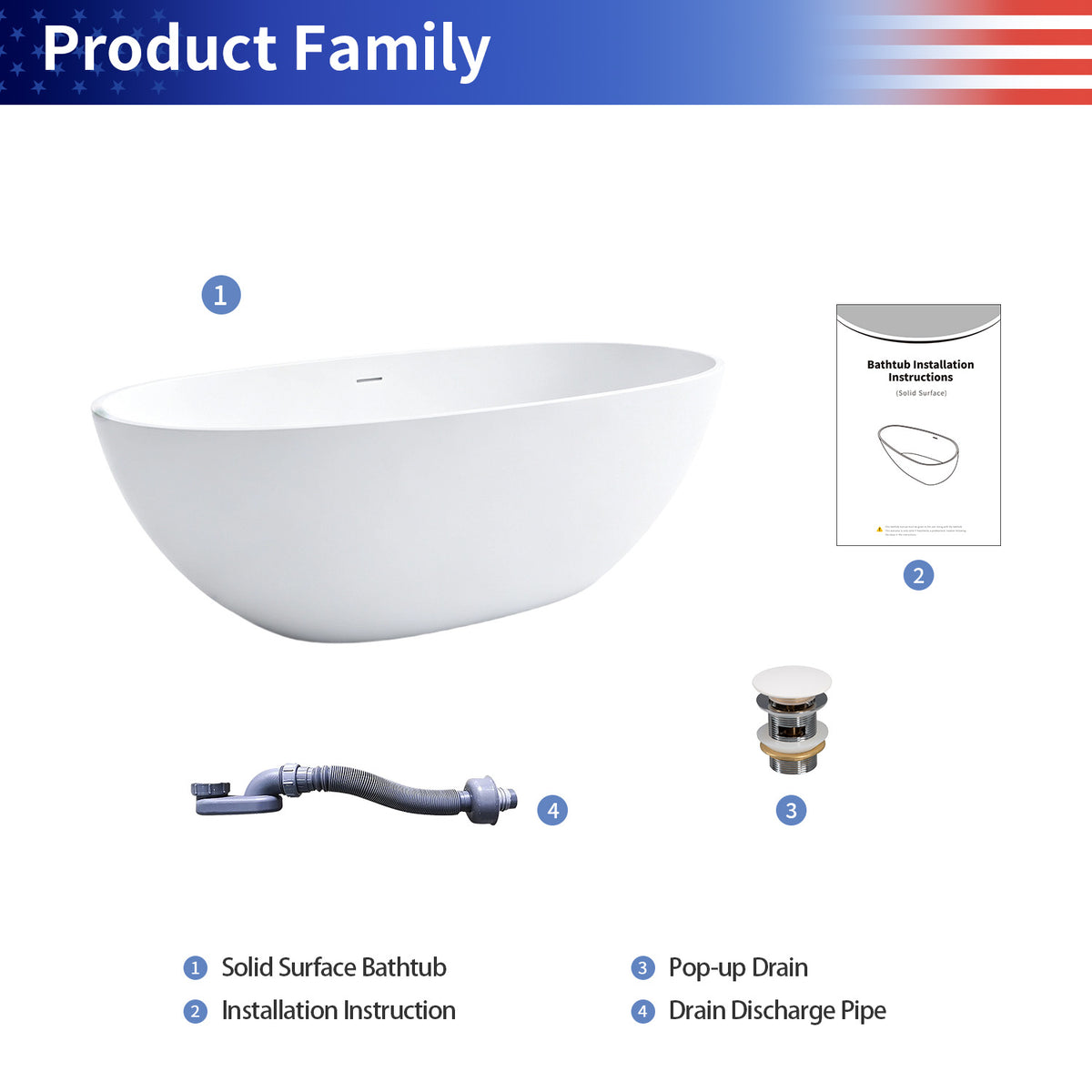 61 in. Oval Solid Surface Freestanding Soaking Bathtub with Overflow, Matte White