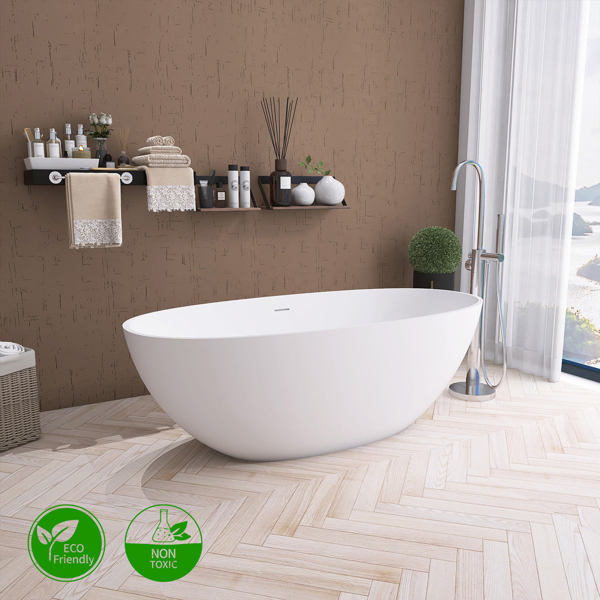 61 in. Oval Solid Surface Freestanding Soaking Bathtub with Overflow, Matte White