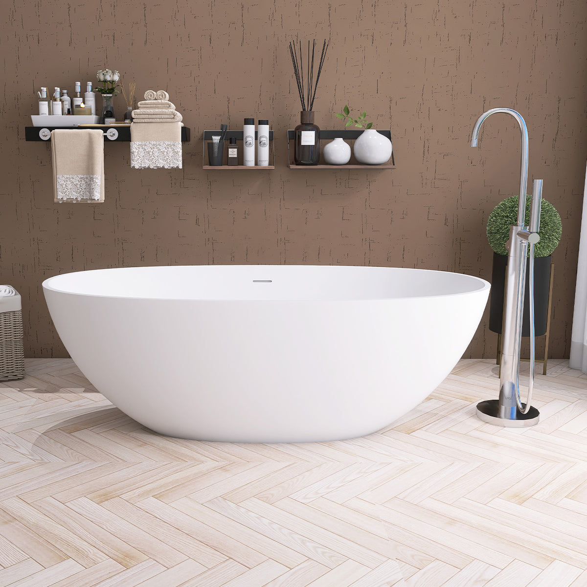 61 in. Oval Solid Surface Freestanding Soaking Bathtub with Overflow, Matte White