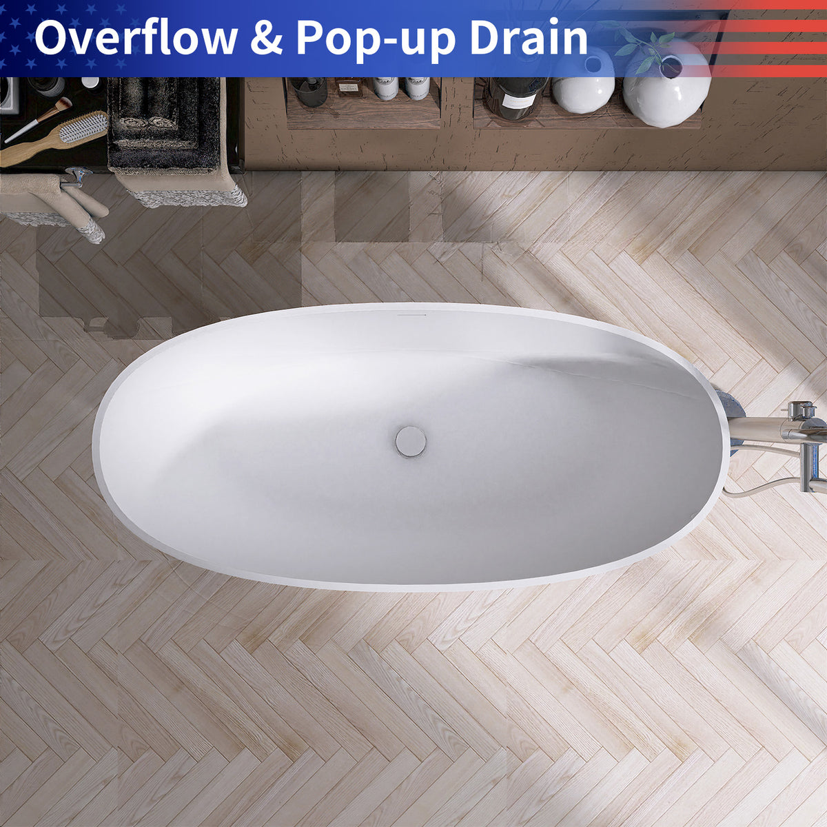 61 in. Oval Solid Surface Freestanding Soaking Bathtub with Overflow, Matte White