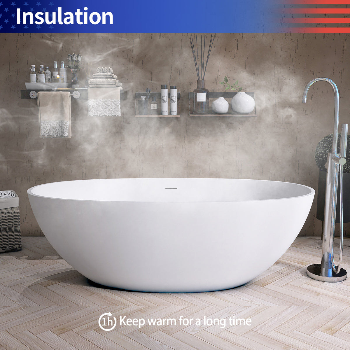 61 in. Oval Solid Surface Freestanding Soaking Bathtub with Overflow, Matte White