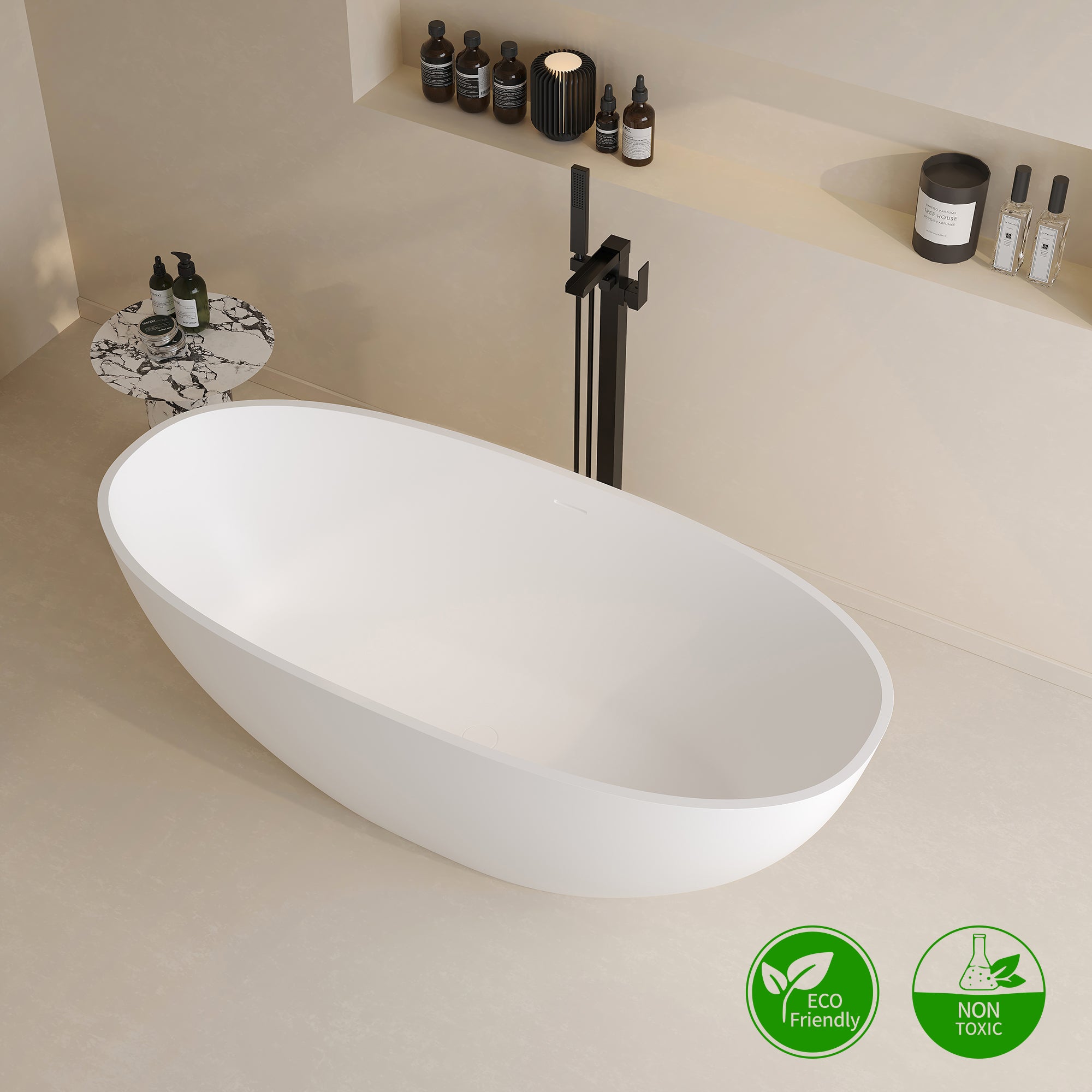 65" Oval Solid Surface Freestanding Soaking Bathtub
