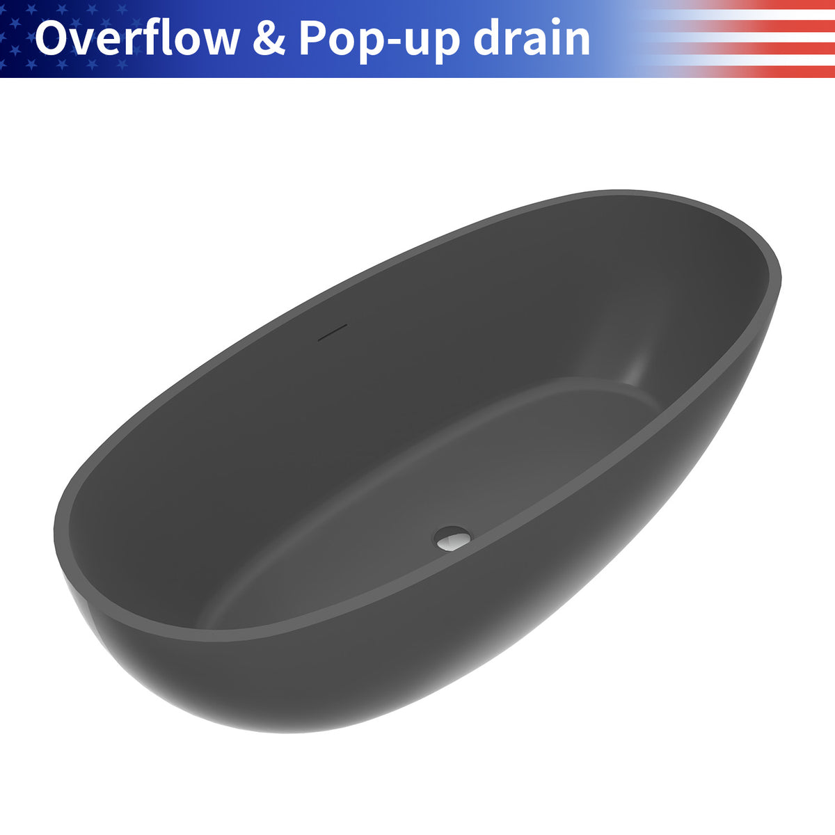 RAINLEX 65 in. Dark Gray Oval Solid Surface Freestanding Bathtub