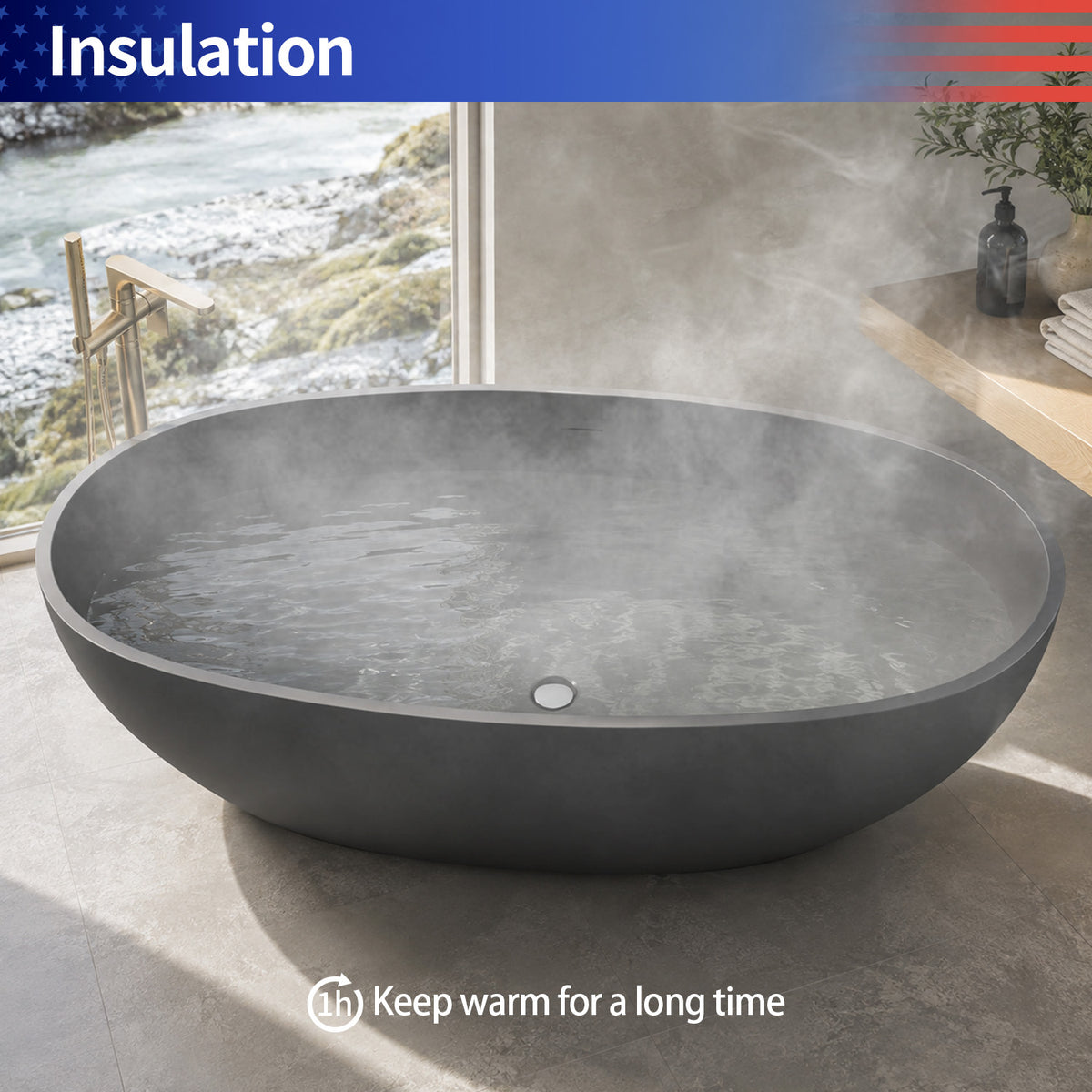 RAINLEX 65 in. Dark Gray Oval Solid Surface Freestanding Bathtub