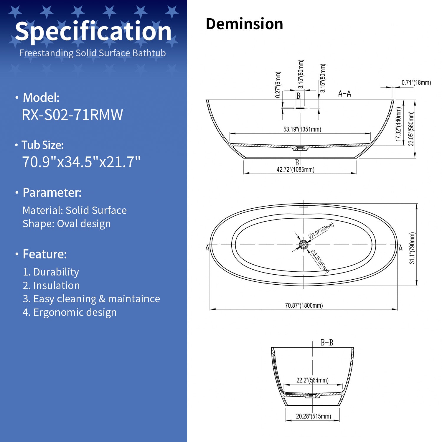 71 in. Matte White Oval Solid Surface Freestanding Soaking Bathtub, One-Piece Stone Resin Bathtub with Center Drain for Medium to Large Bathrooms