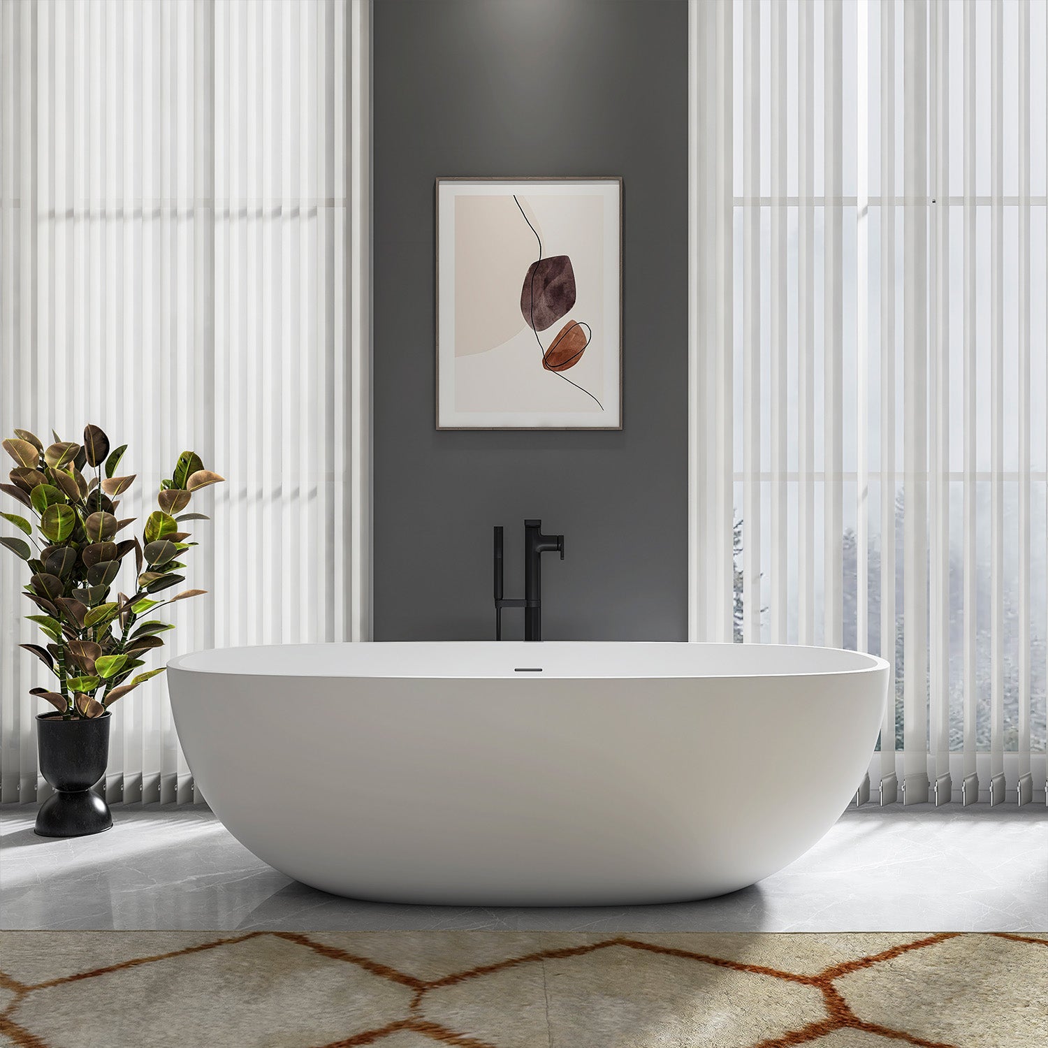 71 in. Matte White Oval Solid Surface Freestanding Soaking Bathtub, One-Piece Stone Resin Bathtub with Center Drain for Medium to Large Bathrooms