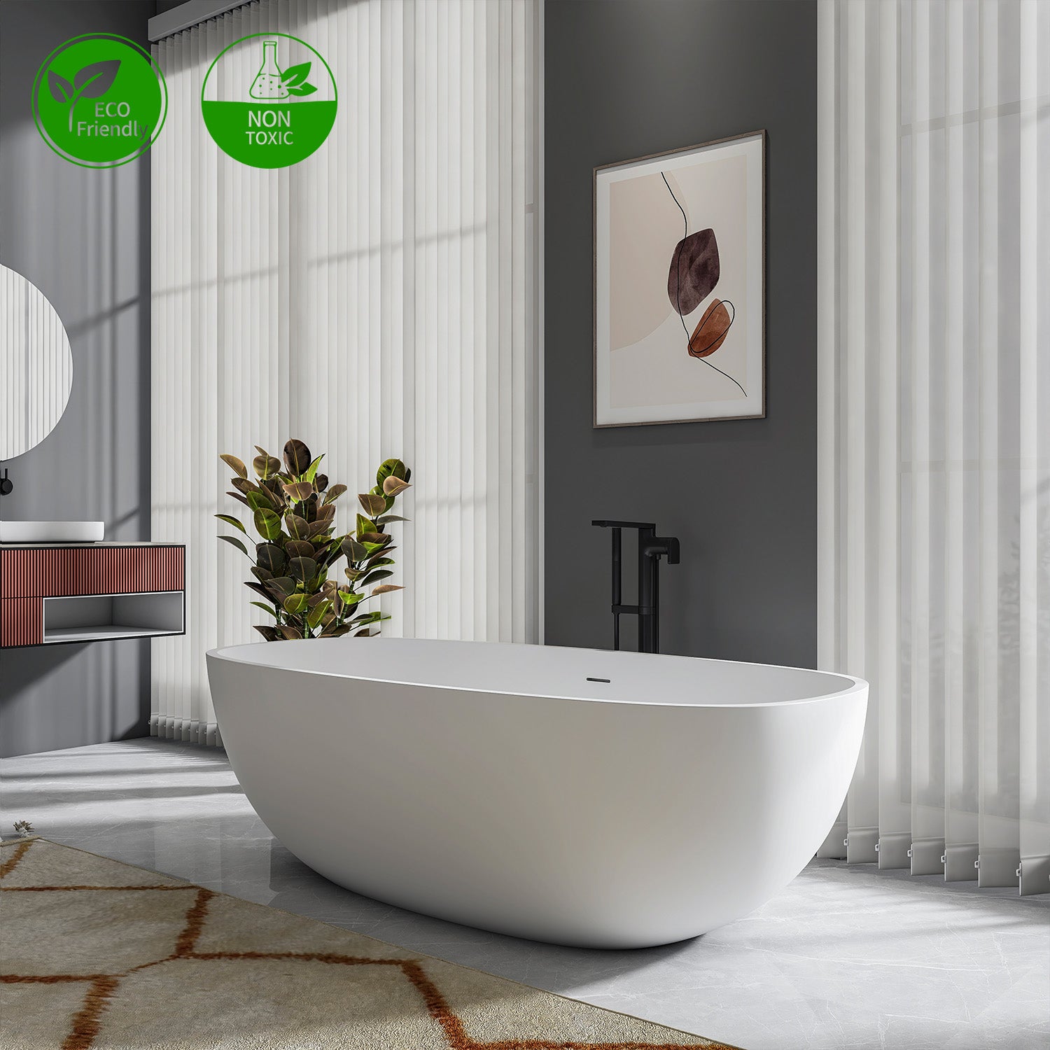 71 in. Matte White Oval Solid Surface Freestanding Soaking Bathtub, One-Piece Stone Resin Bathtub with Center Drain for Medium to Large Bathrooms