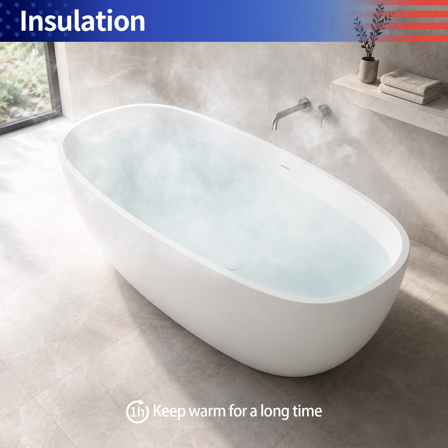 71 in. Matte White Oval Solid Surface Freestanding Soaking Bathtub, One-Piece Stone Resin Bathtub with Center Drain for Medium to Large Bathrooms