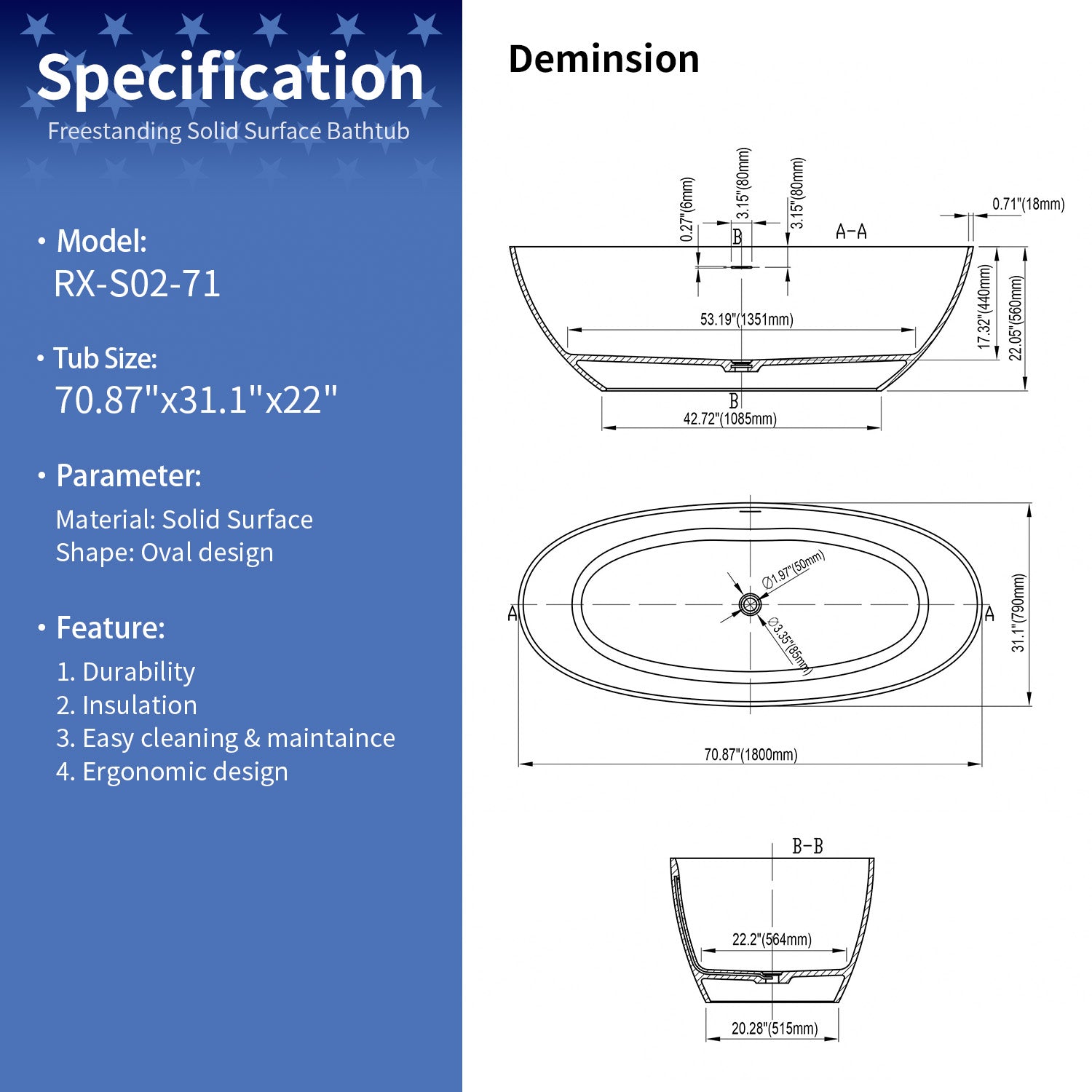 71 in. Oval Solid Surface Freestanding Bathtub, Matte White One-Piece Stone Resin Soaking Tub with Center Drain