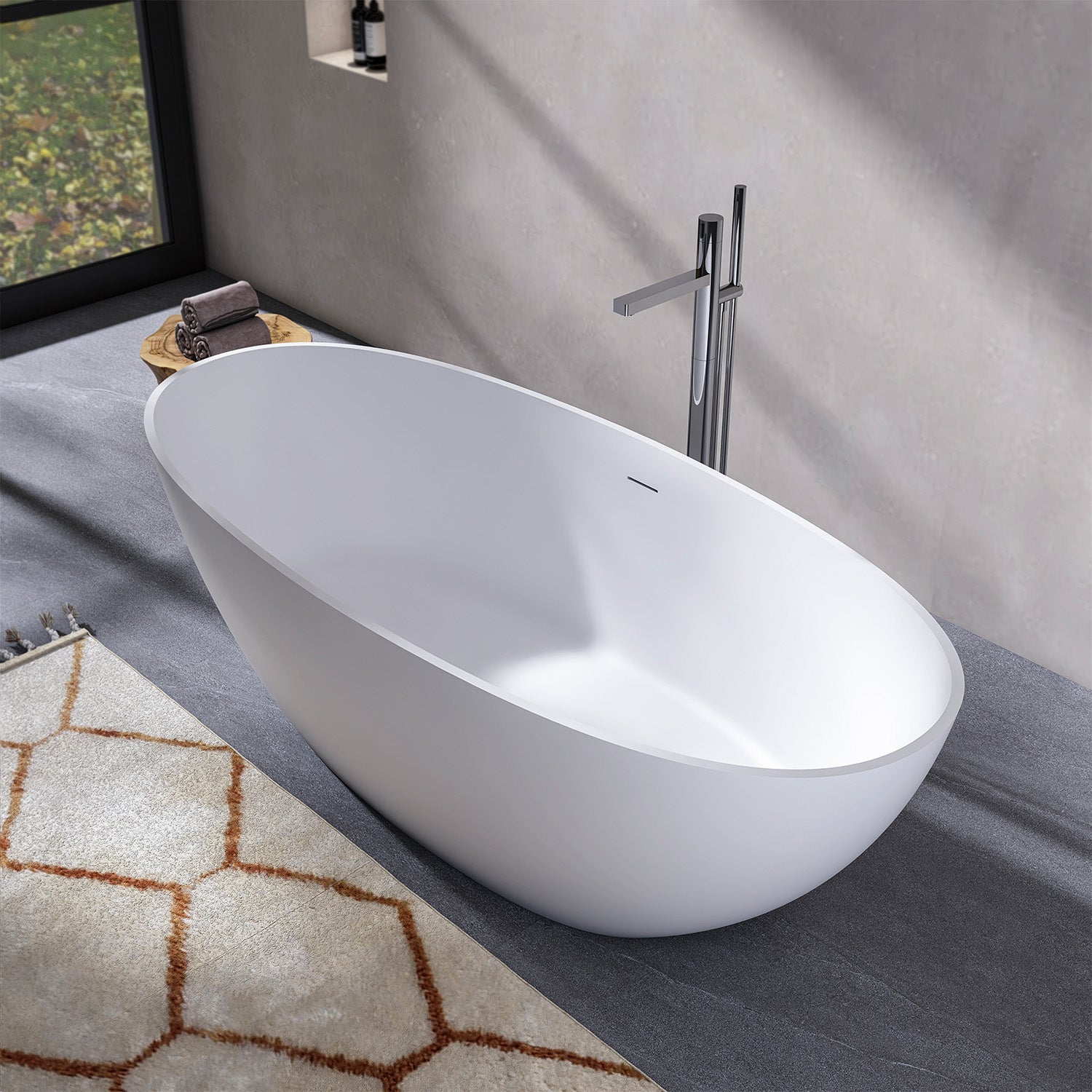 71 in. Oval Solid Surface Freestanding Bathtub, Matte White One-Piece Stone Resin Soaking Tub with Center Drain