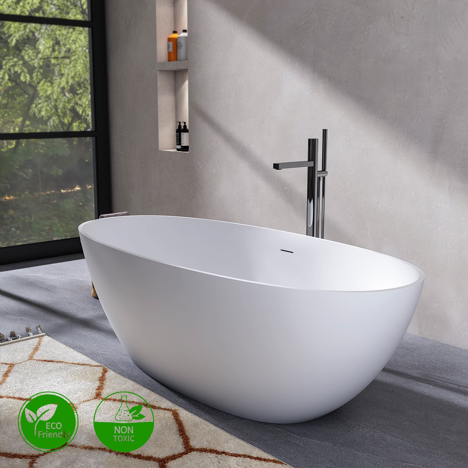 71 in. Oval Solid Surface Freestanding Bathtub, Matte White One-Piece Stone Resin Soaking Tub with Center Drain