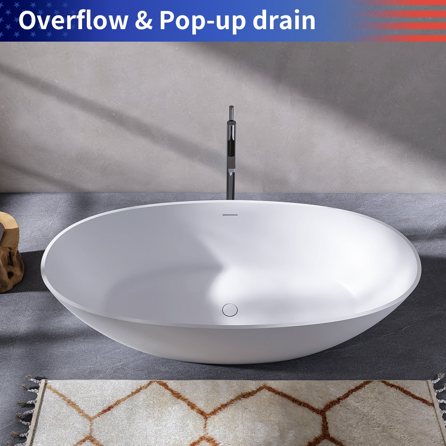71 in. Oval Solid Surface Freestanding Bathtub, Matte White One-Piece Stone Resin Soaking Tub with Center Drain