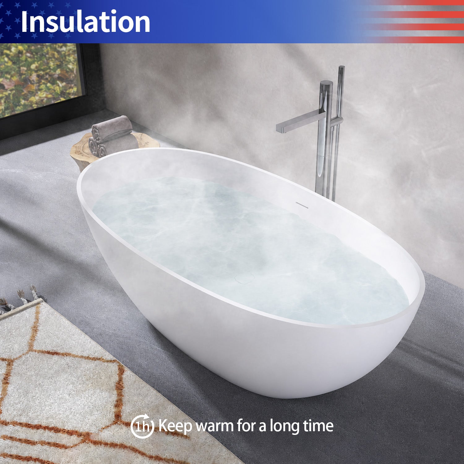 71 in. Oval Solid Surface Freestanding Bathtub, Matte White One-Piece Stone Resin Soaking Tub with Center Drain