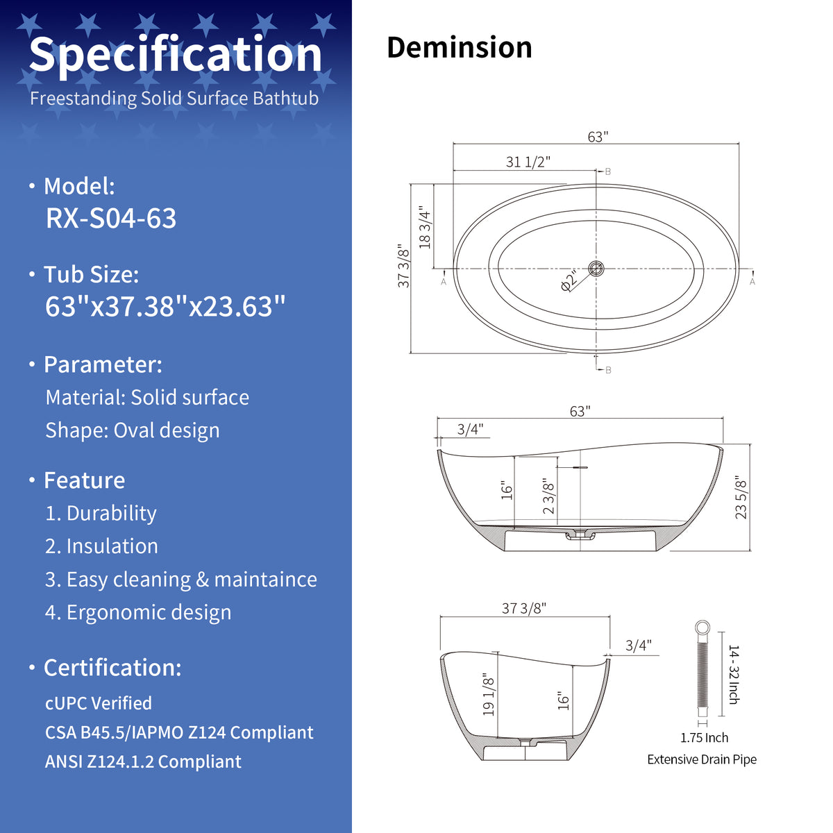 63" Oval Solid Surface Freestanding Soaking Bathtub,RX-S04-63