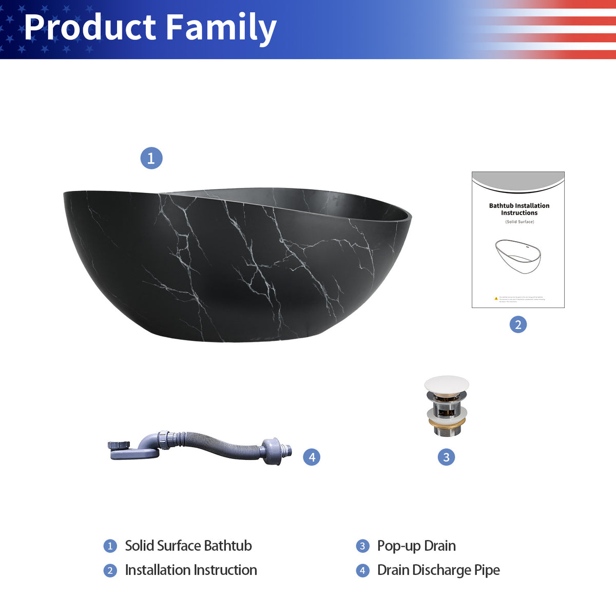 63 in. Wave-Rim Solid Surface Freestanding Bathtub, Matte Black with White Marble Veining