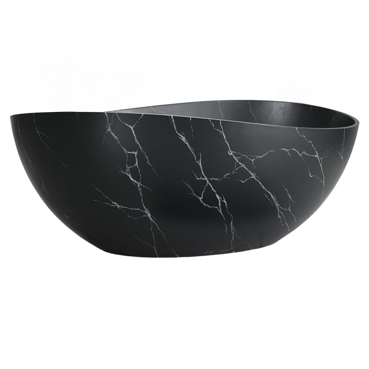 63 in. Wave-Rim Solid Surface Freestanding Bathtub, Matte Black with White Marble Veining