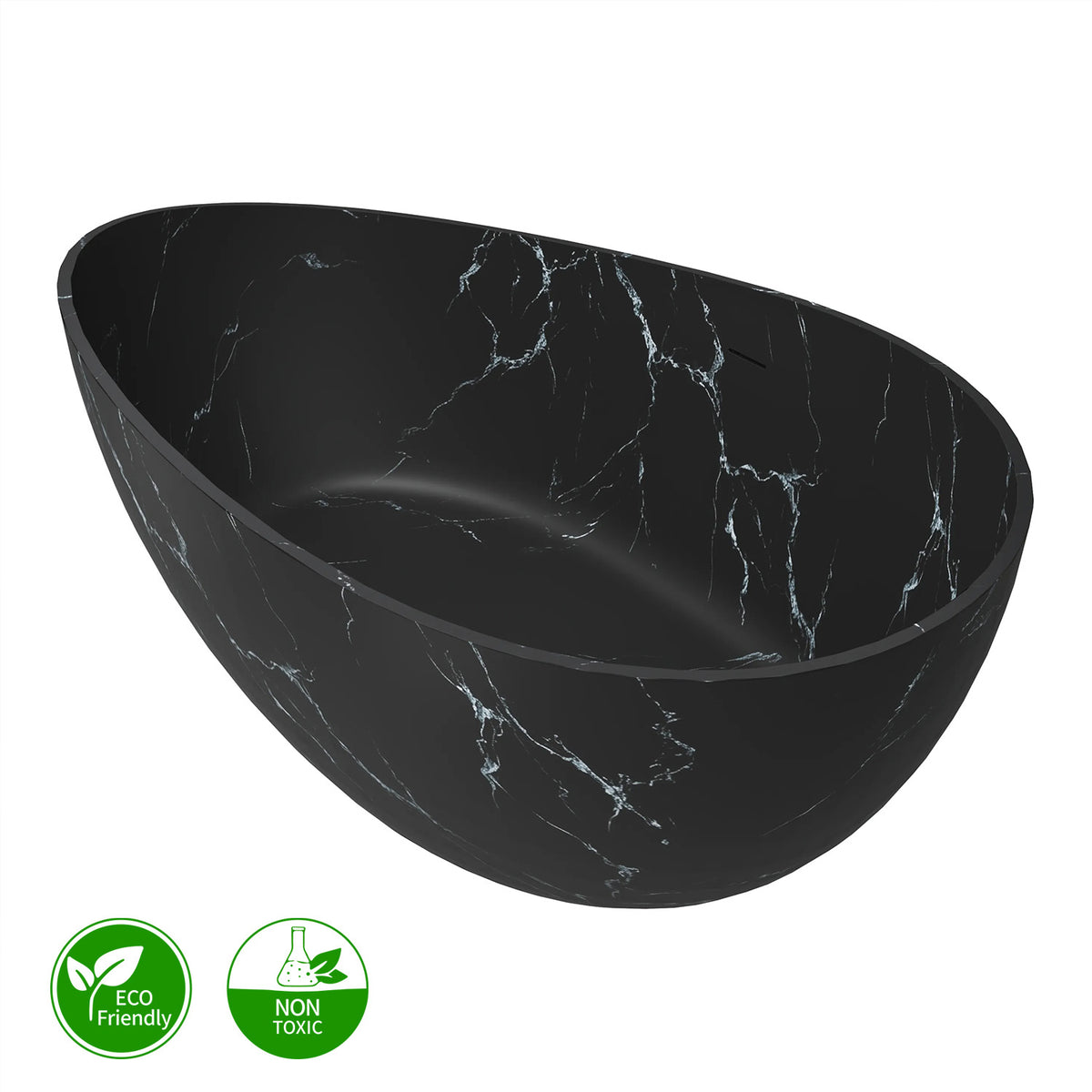 63 in. Wave-Rim Solid Surface Freestanding Bathtub, Matte Black with White Marble Veining
