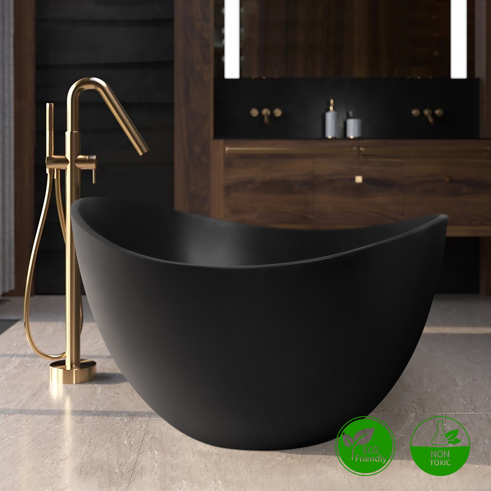 63" Matte Black Solid Surface Freestanding Soaking Bathtub