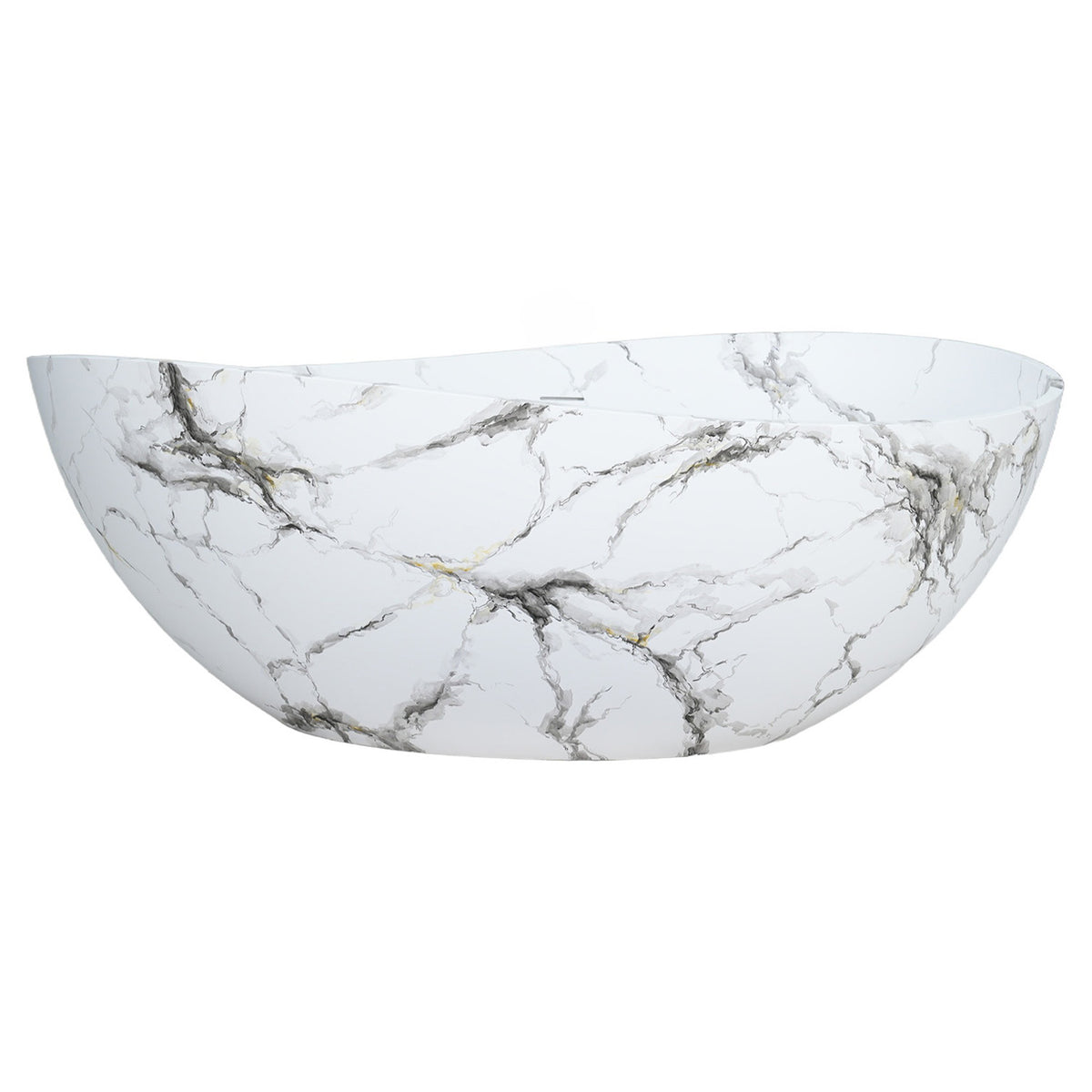 63 in. Wave-Rim Stone Resin Freestanding Bathtub, Matte White with Calacatta Gold Marble Veining