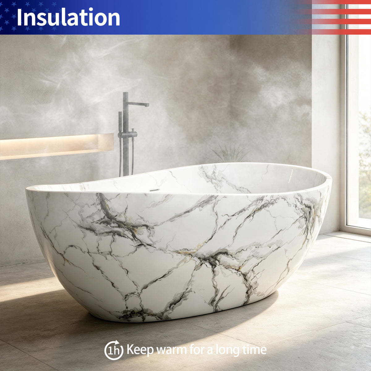 63 in. Wave-Rim Stone Resin Freestanding Bathtub, Matte White with Calacatta Gold Marble Veining