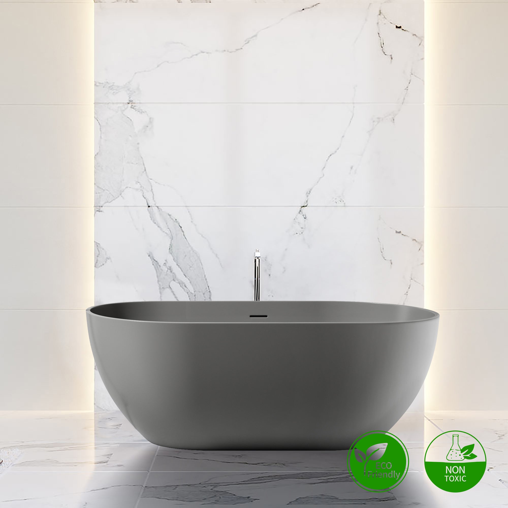 59 in. Oval Solid Surface Freestanding Bathtub, One-Piece Soaking Tub for Small to Medium Bathrooms