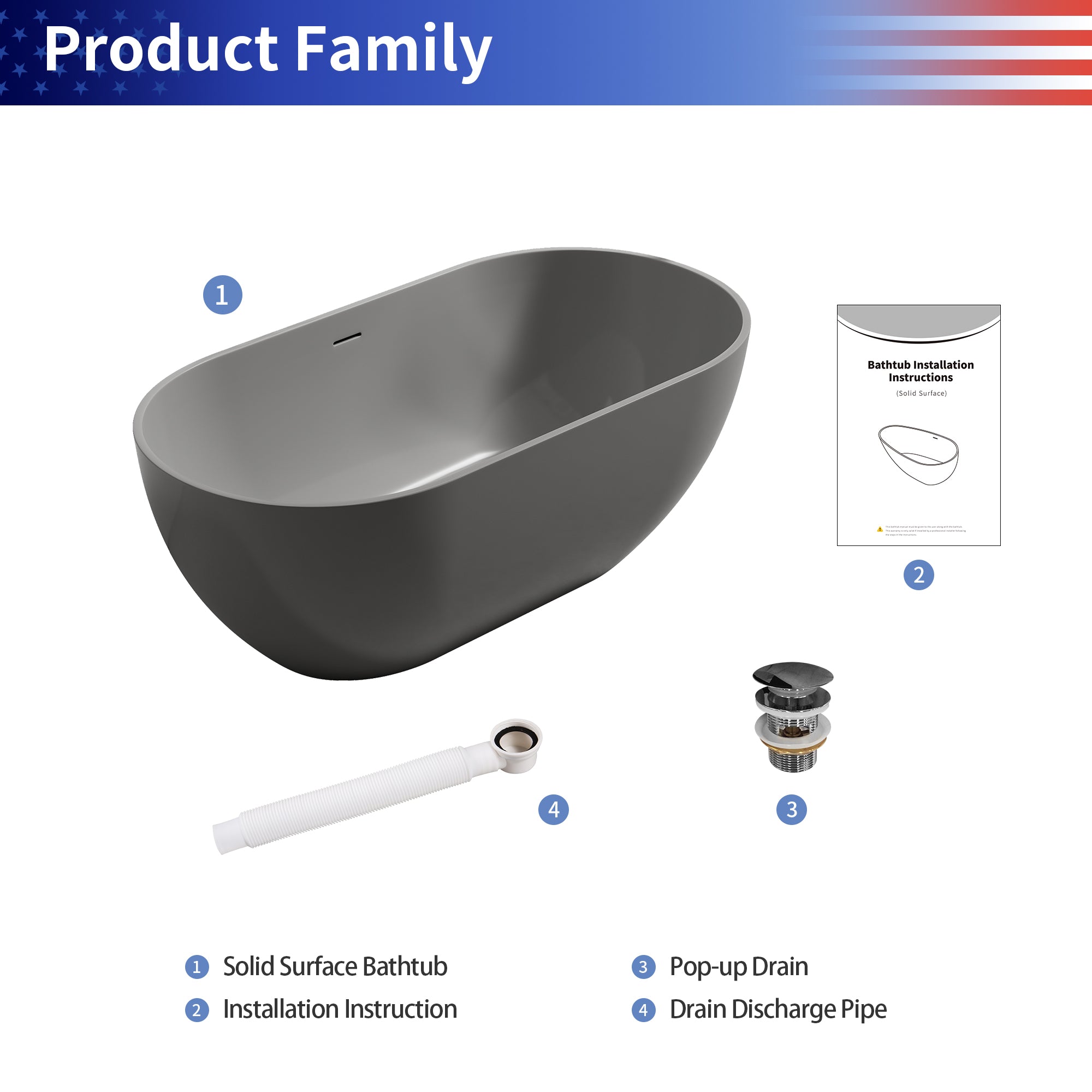 59 in. Oval Solid Surface Freestanding Bathtub, One-Piece Soaking Tub for Small to Medium Bathrooms