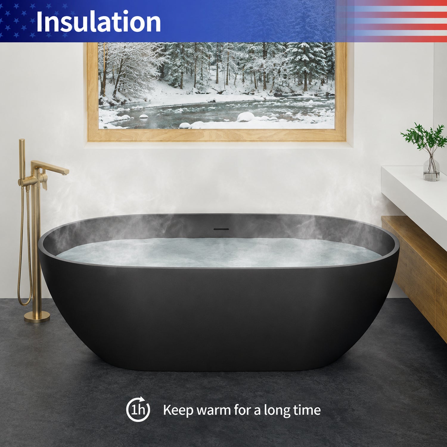 59 in. Oval Solid Surface Freestanding Bathtub, One-Piece Soaking Tub for Small to Medium Bathrooms