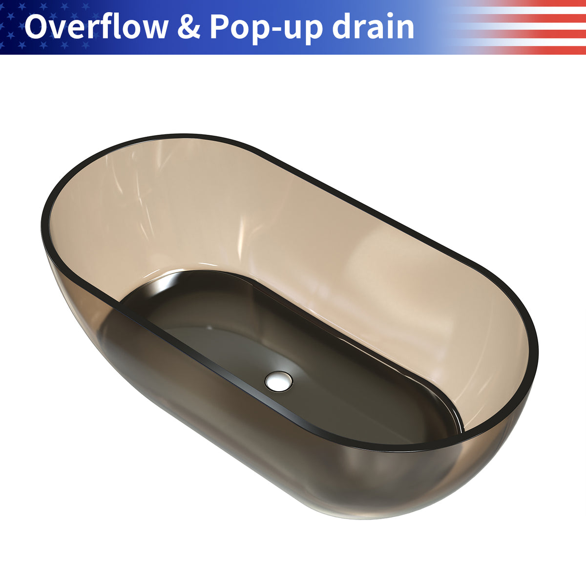 RAINLEX 59 in. Transparent Brown Oval Resin Freestanding Bathtub