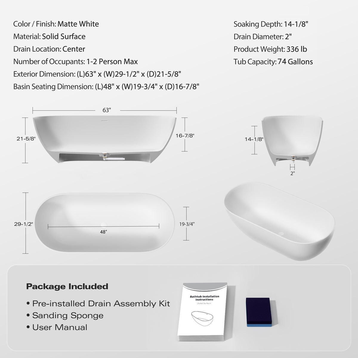 RAINLEX 63 in. Freestanding Stone Resin Soaking Bathtub in Matte White