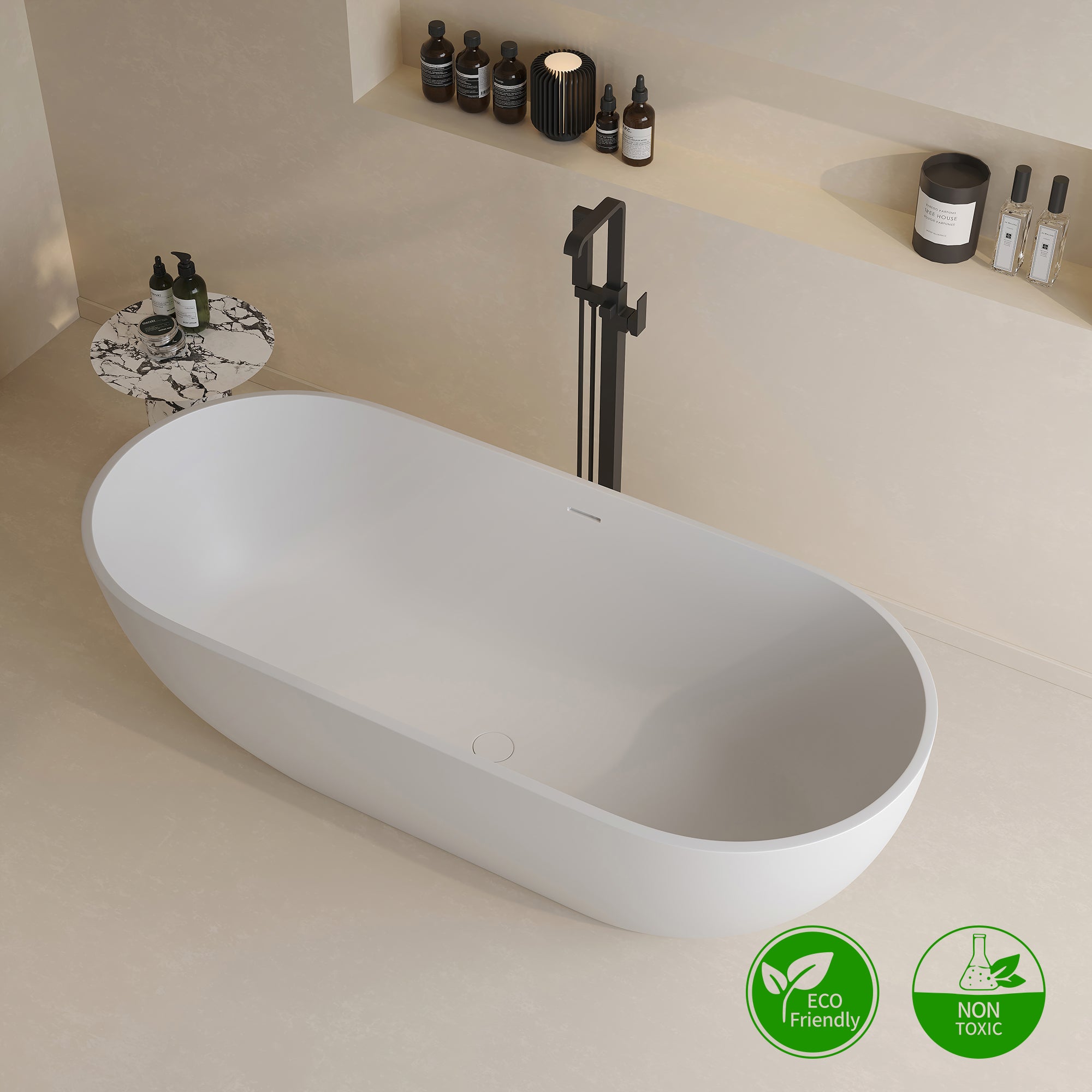 69" Oval Solid Surface Freestanding Soaking Bathtub