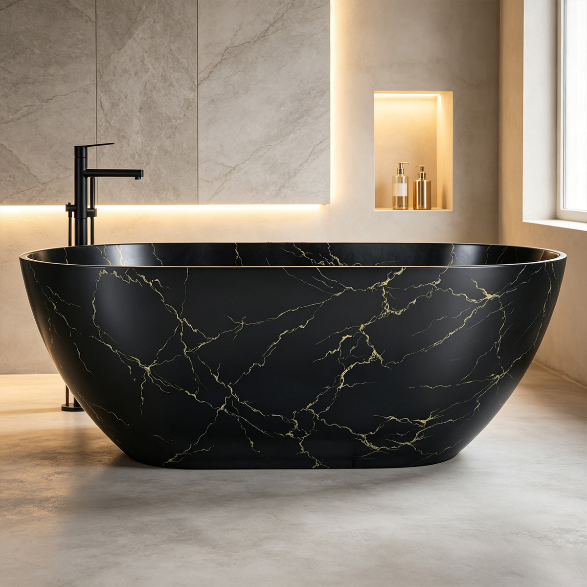 69 in. Black Marble Look Solid Surface Freestanding Soaking Bathtub with Gold Veining