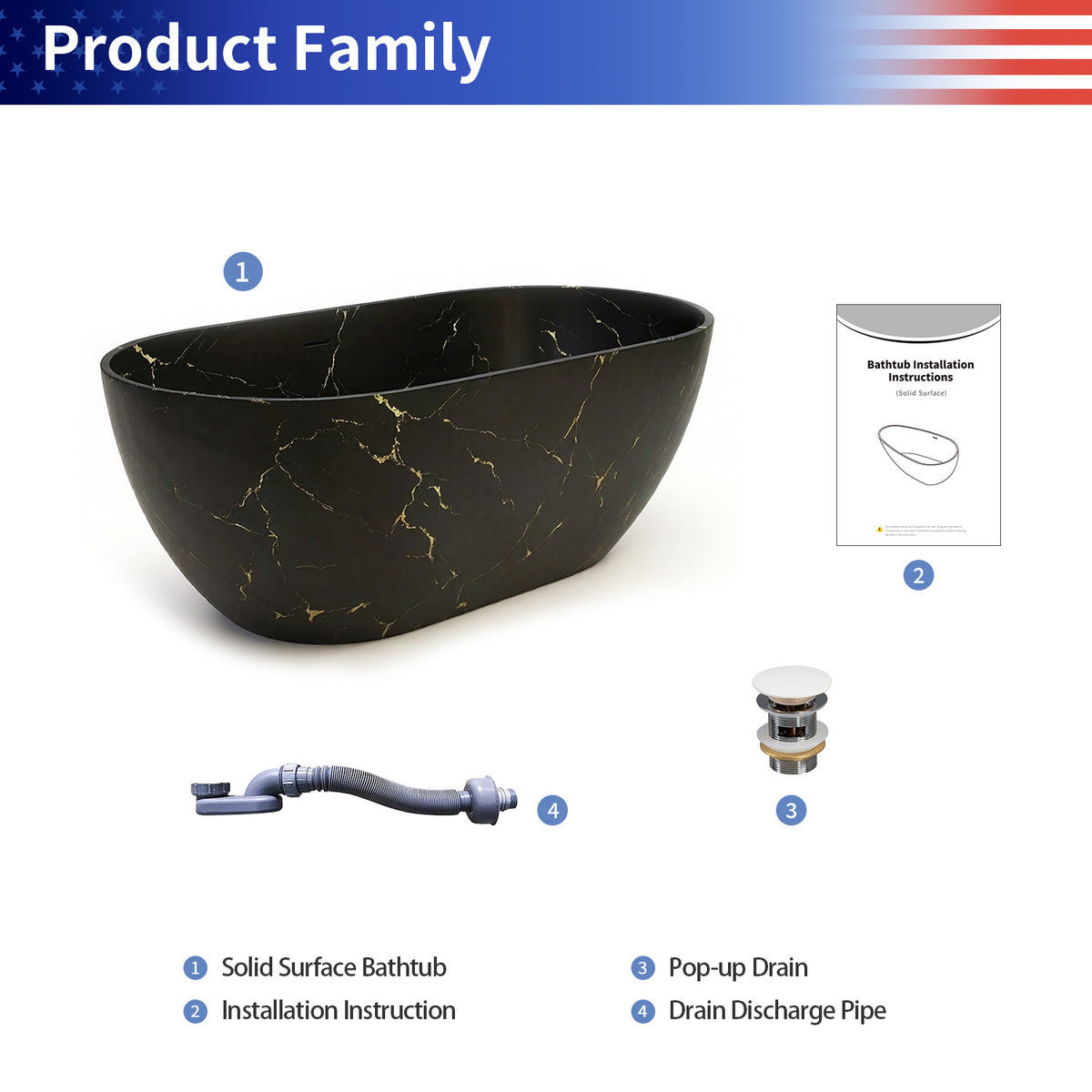 69 in. Black Marble Look Solid Surface Freestanding Soaking Bathtub with Gold Veining