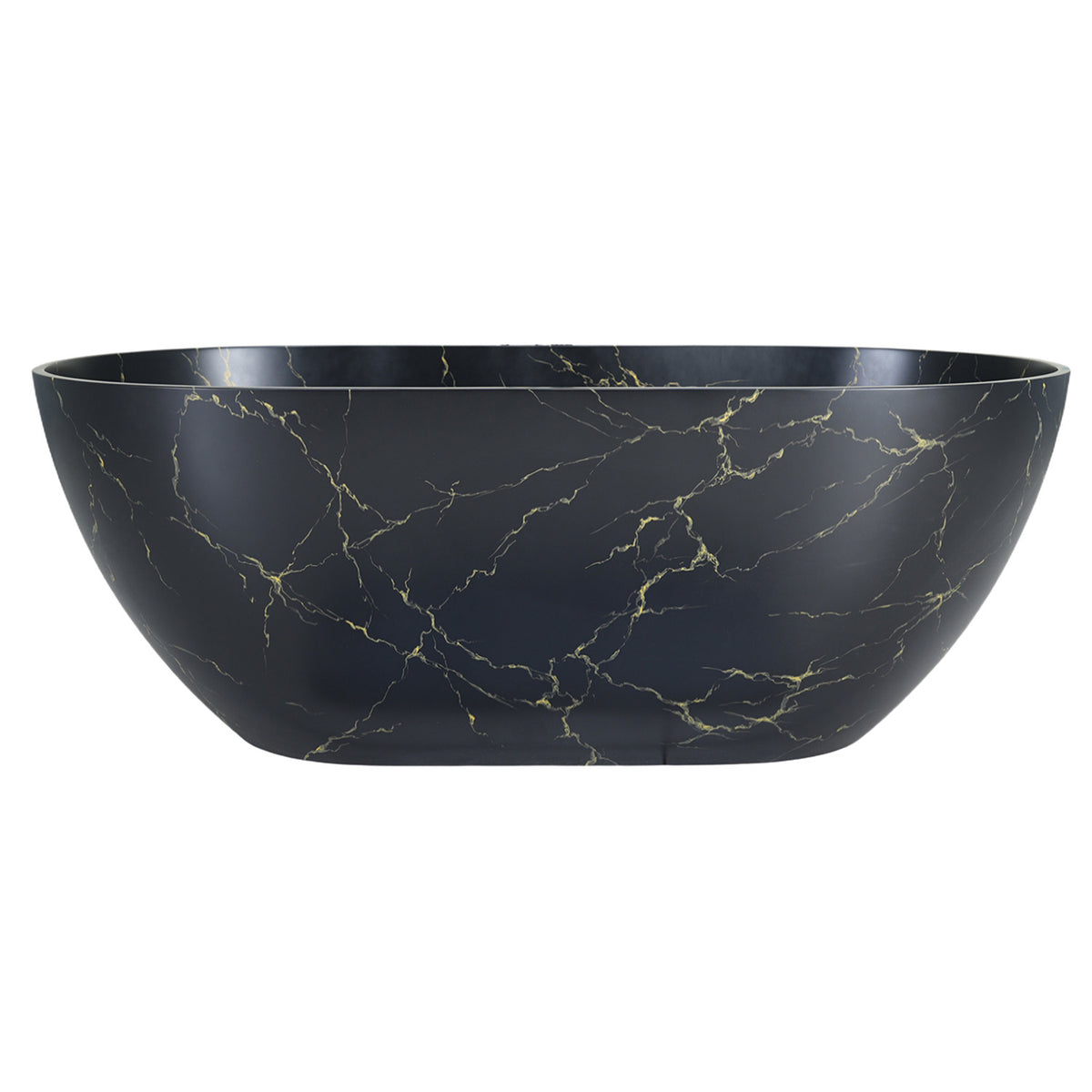 69 in. Black Marble Look Solid Surface Freestanding Soaking Bathtub with Gold Veining