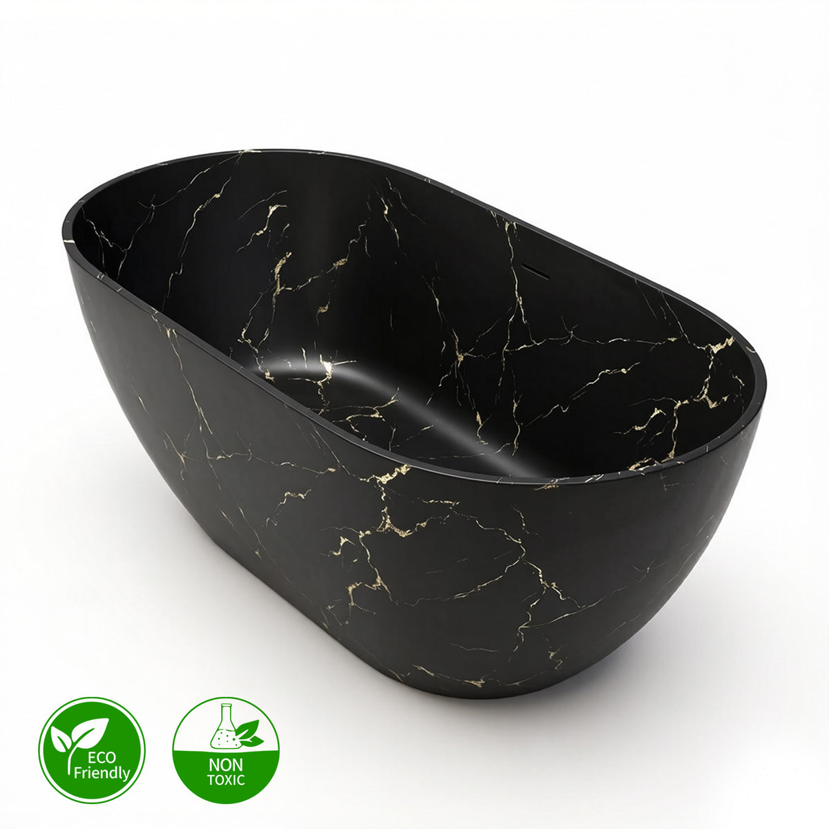 69 in. Black Marble Look Solid Surface Freestanding Soaking Bathtub with Gold Veining