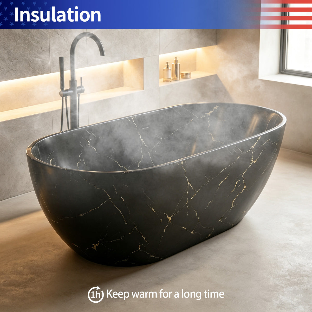 69 in. Black Marble Look Solid Surface Freestanding Soaking Bathtub with Gold Veining