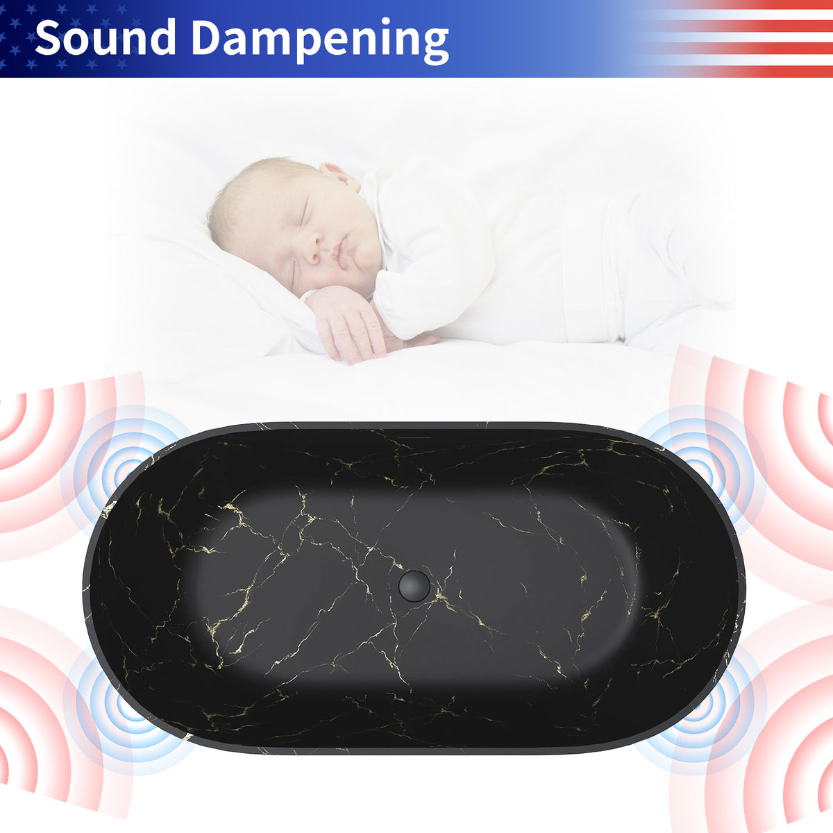 69 in. Black Marble Look Solid Surface Freestanding Soaking Bathtub with Gold Veining