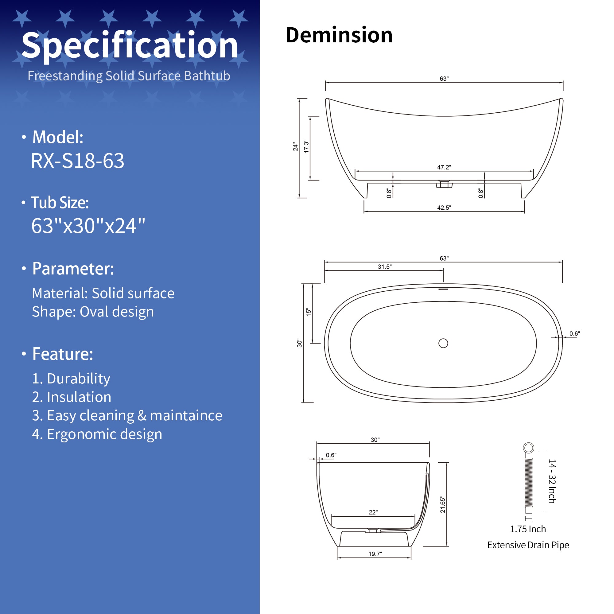 63" Solid Surface Freestanding Soaking Bathtub (S18)