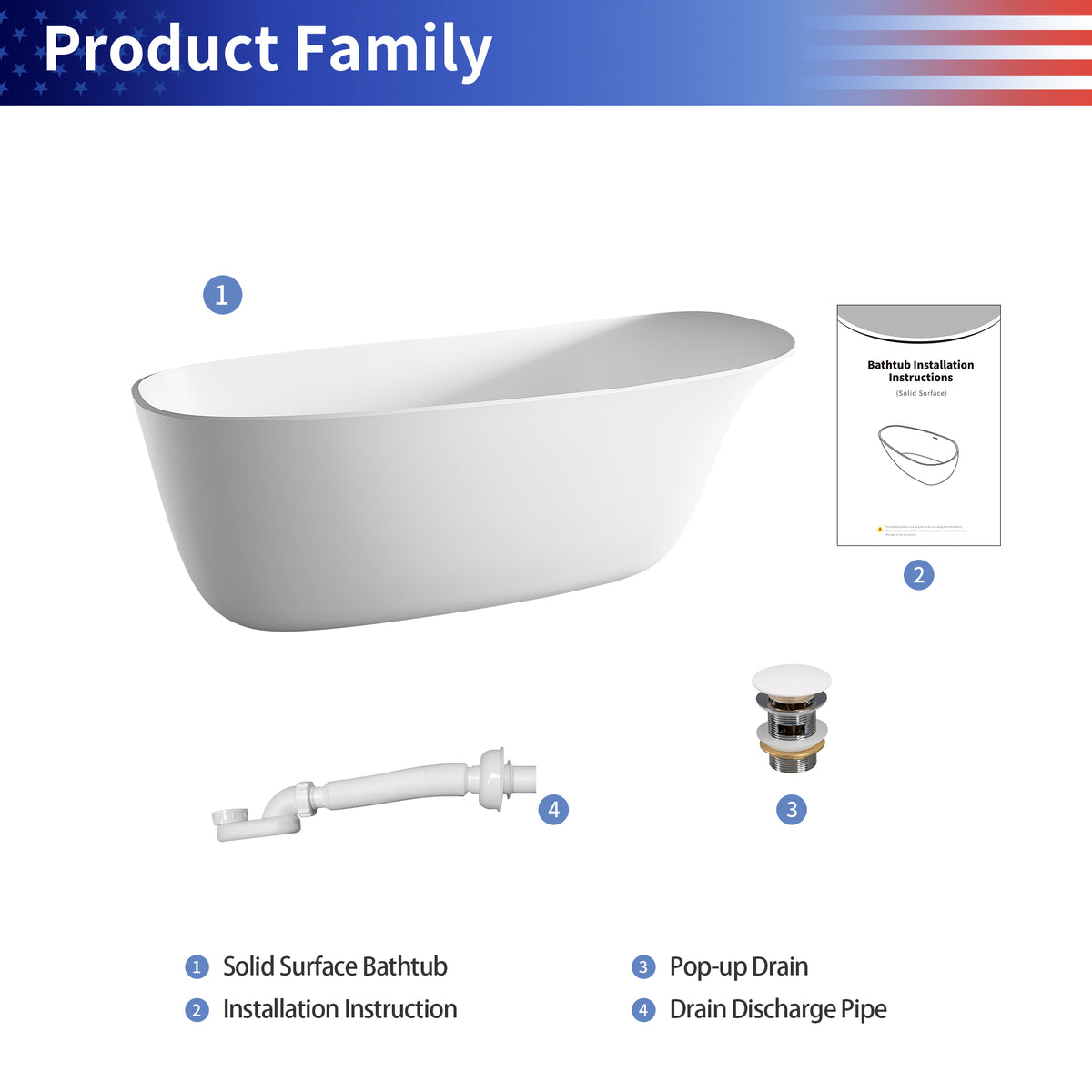 RAINLEX 63" Solid Surface Freestanding Soaking Bathtub (S19)