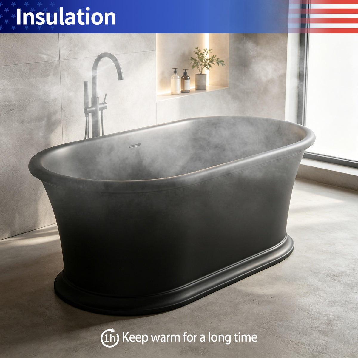 61 in. Matte Black Solid Surface Freestanding Soaking Bathtub