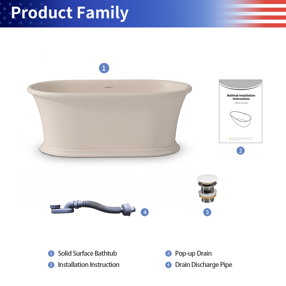 61 in. Matte Cream Solid Surface Freestanding Soaking Bathtub